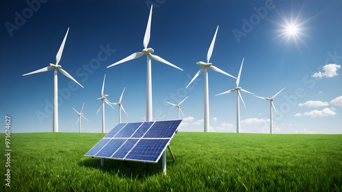 Sustainable greeen energy. Solar and wind turbines farm.  Solar, wind power. AI generated image, ai. photo