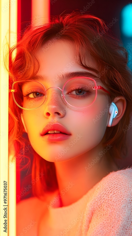 Fototapeta premium Trendy Teenage Girl Immersed in Wireless Music by Neon Lit Wall