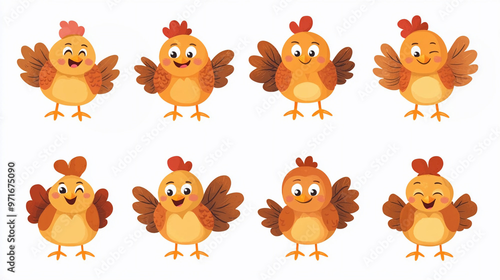 Fototapeta premium Collection of stickers with funny drawn turkeys