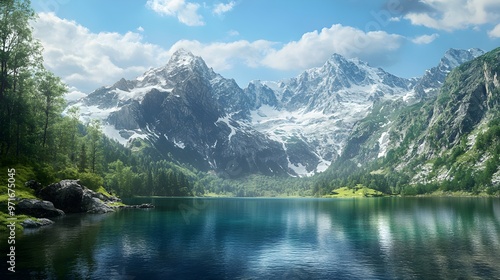 Lake nestled in mountains with dramatic backdrop view image