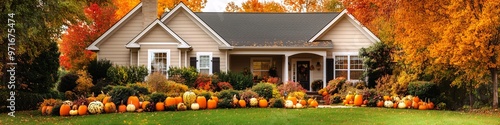 A cozy house , surrounded by pumpkins and gourds in the front yard, fall aesthetic banner. Autumn sesonal and halloween concept photo