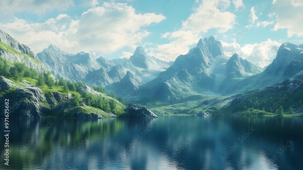 Peaceful mountain lake with dramatic mountain backdrop picture Peaceful mountain lake with dramatic mountain backdrop picture