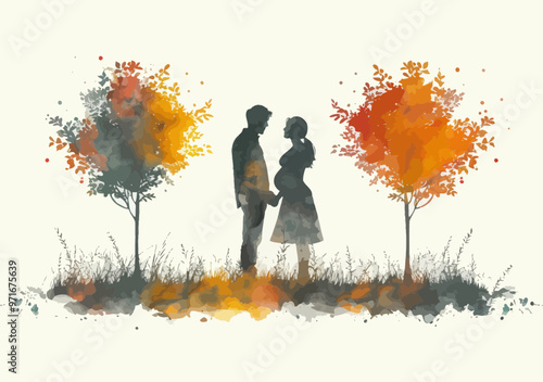 Expectant Couple Planning Future Together in Autumn, Minimalistic Watercolor Vector Illustration