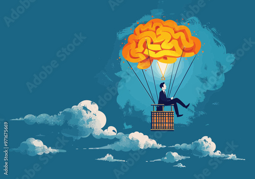 Businessman Flying in Brain-Shaped Hot Air Balloon Symbolizing Intelligence and Innovation, Blue Sky Background, Conceptual Illustration