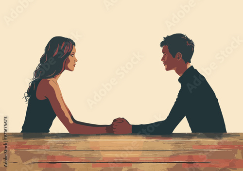 Business Competition Arm Wrestling Between Man and Woman at Table - Conceptual Vector Illustration of Gender Equality and Strength in Workplace