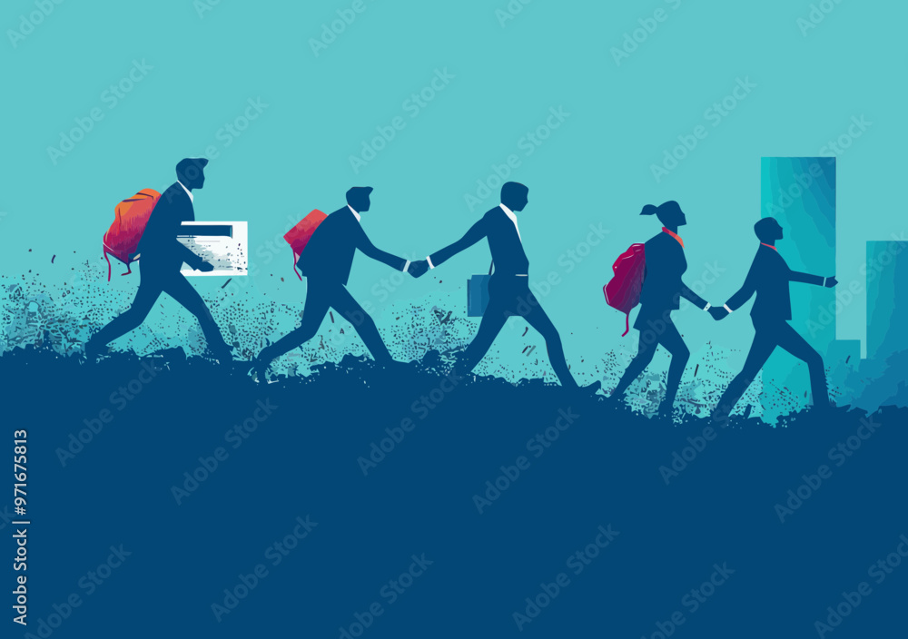 Obraz premium Team of Business People Joining Hands to Overcome Obstacles During Daytime in Cityscape - Concept of Teamwork, Cooperation, and Unity for Business Success