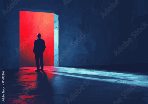 Businessman Contemplating Success at Red Doorway, Visionary Concept in Minimalistic Dark Setting, Symbolizing Ambition and Future Aspirations