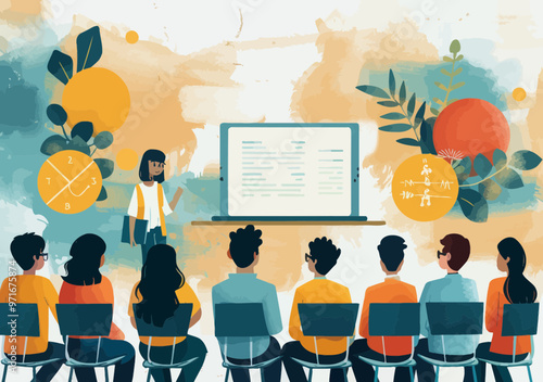 Modern Classroom Learning Concept with Teacher and Attentive Students in Minimalistic Vector Art, Educational Setting, Daytime, Technology Integration, Engaging and Motivational Atmosphere