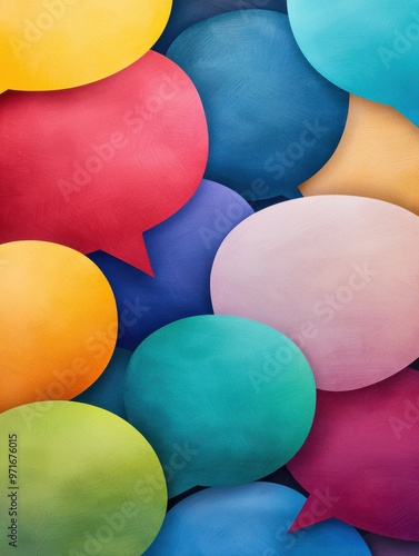 A colorful arrangement of speech bubbles representing communication and expression in a vibrant background. photo