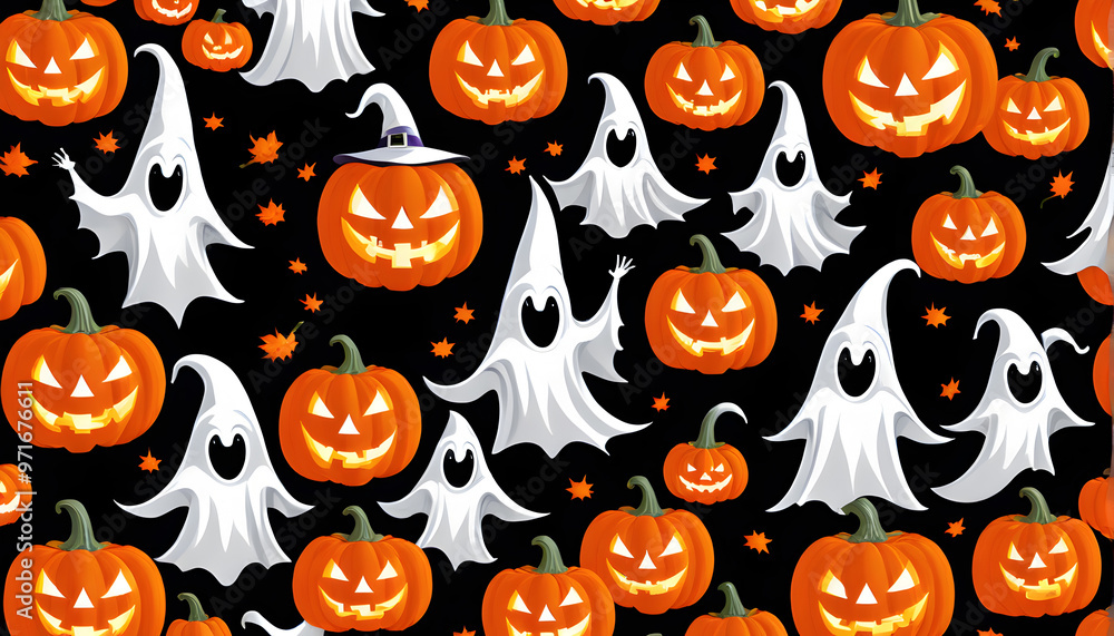 Halloween Cartoon Illustration with Skeleton, Jack-o'-Lanterns, and Gothic Houses Halloween Cartoon Illustration with Skeleton, Jack-o'-Lanterns, and Gothic Houses