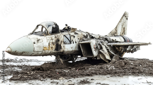 wreckage of a burned military combat jet on transparent background
