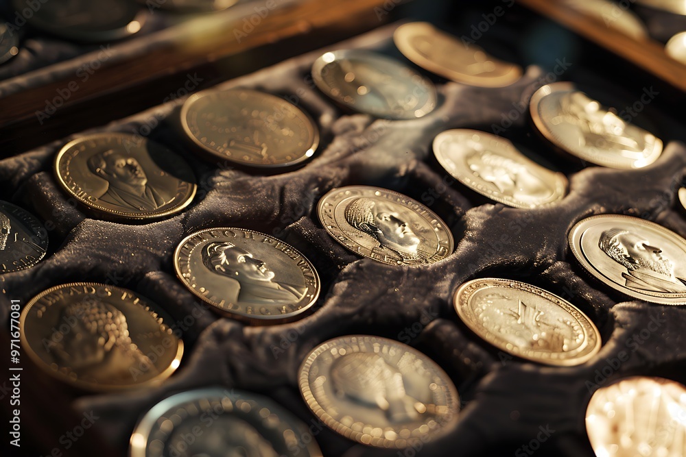 A collection of rare, old coins displayed in a luxurious velvet-lined display case under spotlight. A collection of rare, old coins displayed in a luxurious velvet-lined display case under spotlight.