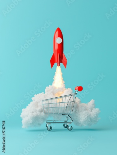 A vibrant illustration of a red rocket launching from a shopping cart, symbolizing innovative shopping experiences and e-commerce growth. photo