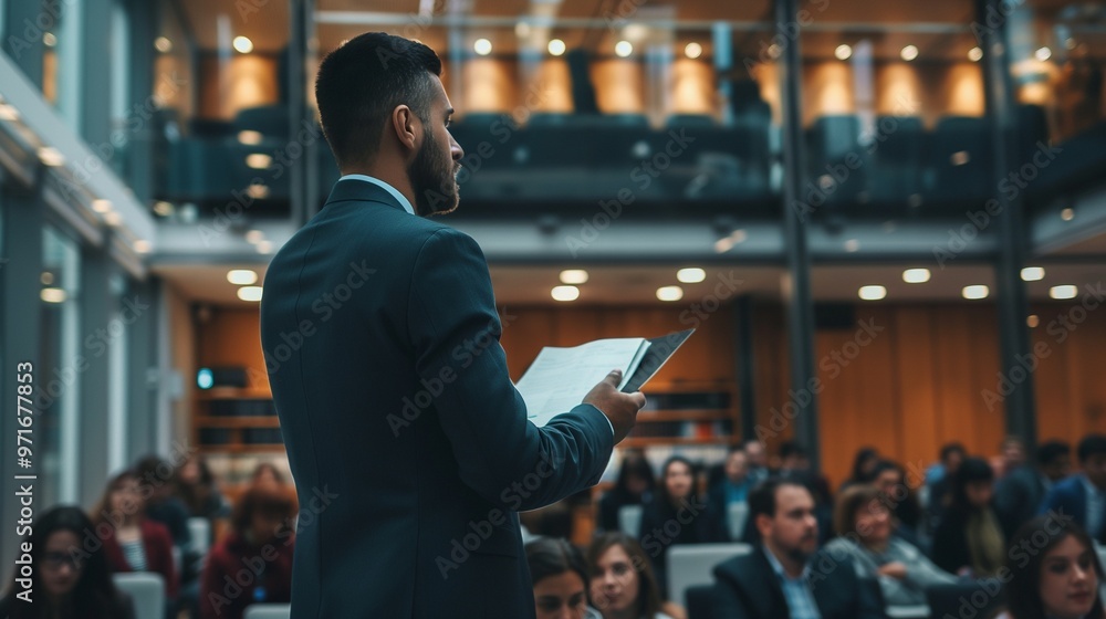Businessman giving a speech at a conference in a modern office Businessman giving a speech at a conference in a modern office