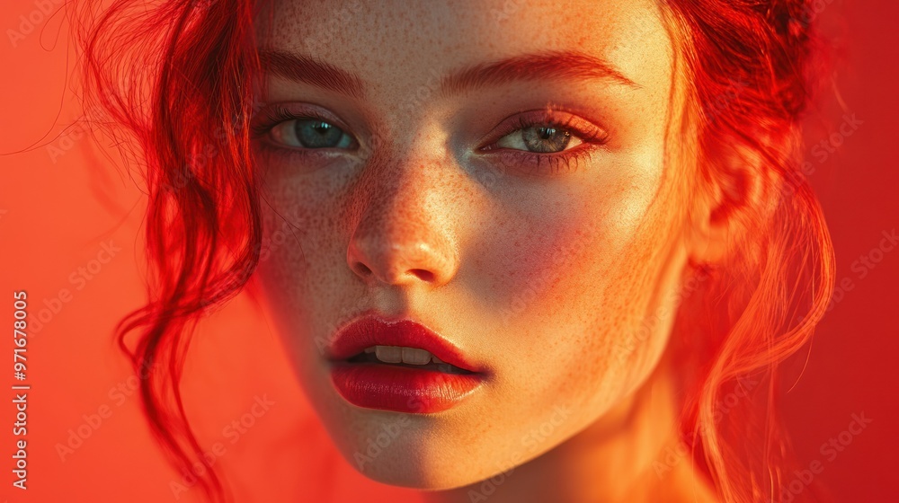 Close-up Portrait of a Woman with Red Hair and Freckles in Red Lighting Close-up Portrait of a Woman with Red Hair and Freckles in Red Lighting