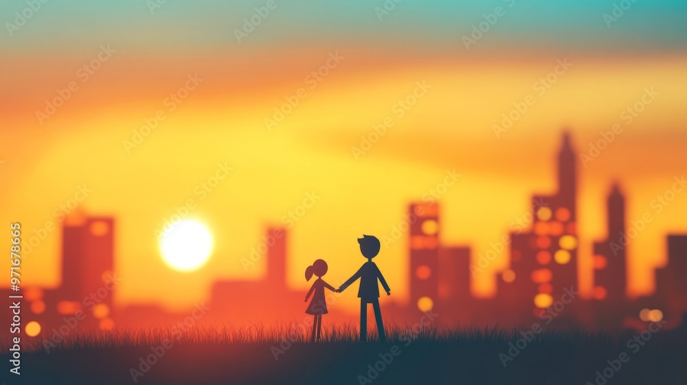 Paper humans holding hands, with city skyline in the background, unity theme generative ai Paper humans holding hands, with city skyline in the background, unity theme generative ai