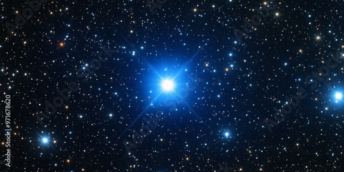 A vibrant field of distant stars highlighted by a blue giant star in deep space