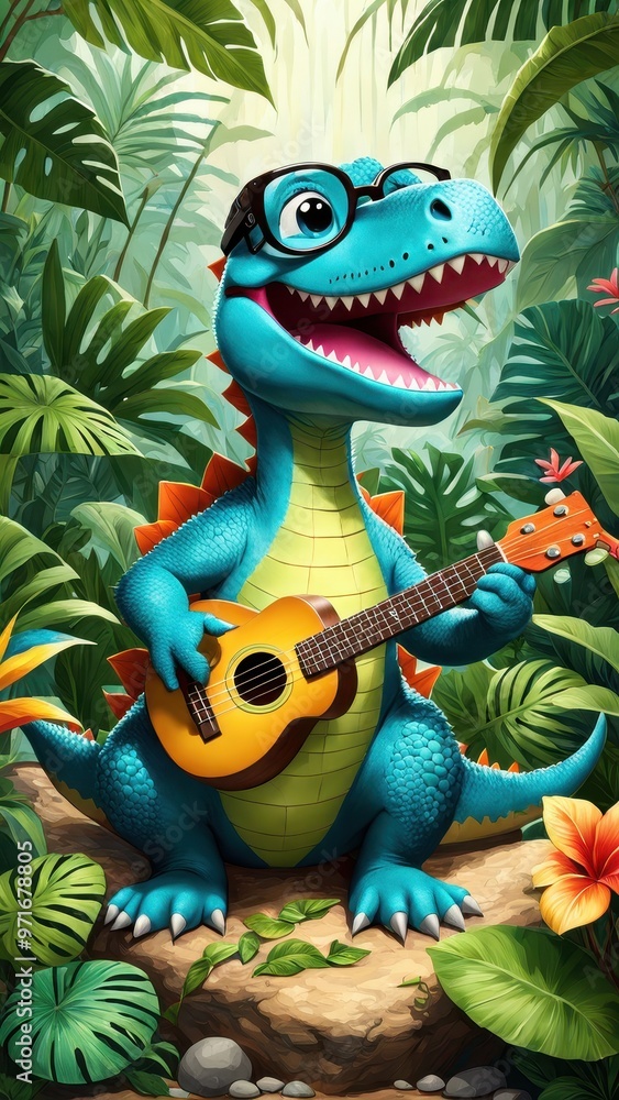 A cheerful cartoon dinosaur wearing glasses plays a ukulele in a vibrant jungle setting. A cheerful cartoon dinosaur wearing glasses plays a ukulele in a vibrant jungle setting.