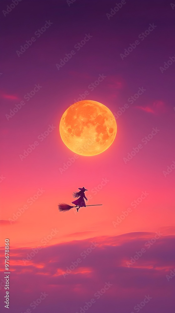 Witch on Broom Silhouette Against Vibrant Purple Night Sky with Full Moon Witch on Broom Silhouette Against Vibrant Purple Night Sky with Full Moon
