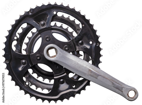 Obraz na płótnie Heavily worn bicycle sprocket and crank on an isolated background