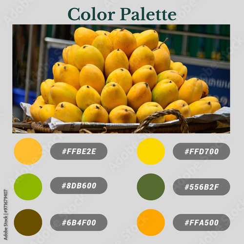 A color palette inspired by a pile of ripe mangoes. The palette includes shades of yellow, green, and brown, with HEX color values.