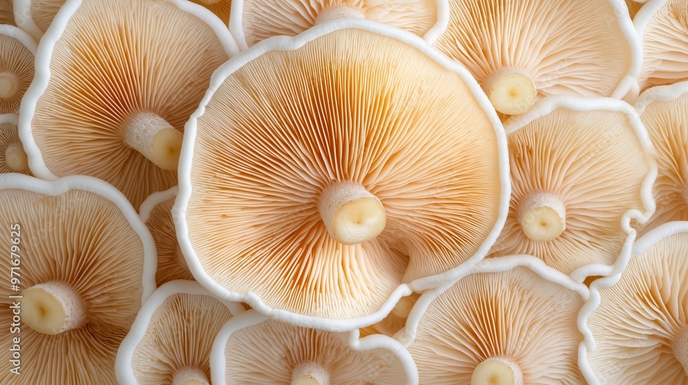 A close-up view of multiple mushrooms showcasing their intricate gills and textures in soft, natural lighting A close-up view of multiple mushrooms showcasing their intricate gills and textures in soft, natural lighting