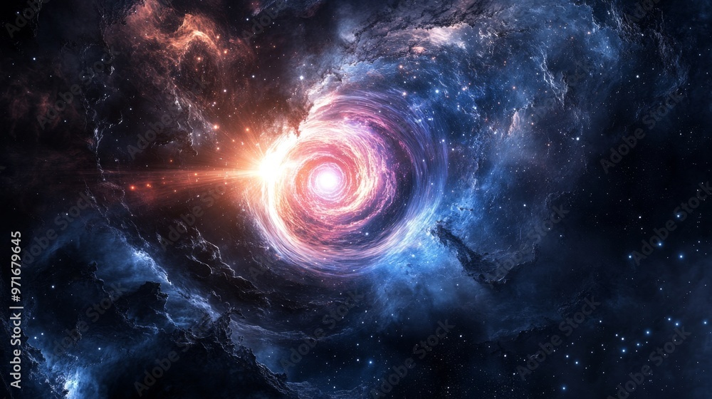 Fototapeta premium Rapidly spinning pulsar emits powerful radio waves amid a cosmic nebula in deep space