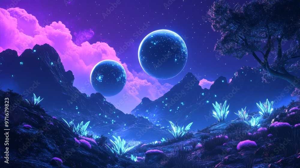 Fototapeta premium A tranquil alien landscape with bioluminescent plants under twin moons at night