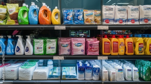 A colorful display of laundry and cleaning products on shelves in a grocery store during the daytime