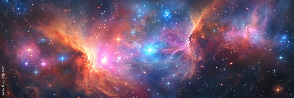A vibrant star nursery with newborn stars forming in a colorful cosmic swirl A vibrant star nursery with newborn stars forming in a colorful cosmic swirl