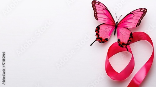 A vibrant pink butterfly perched on a flowing pink ribbon, creating a delicate and charming composition on a clean white background. Breast Cancer, Breast Cancer Awareness