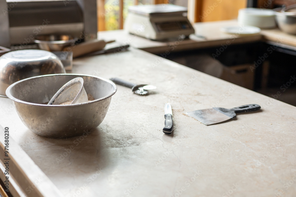 Tools and ingredients for baking bread displayed on a rustic tabletop in a cozy kitchen setting Tools and ingredients for baking bread displayed on a rustic tabletop in a cozy kitchen setting
