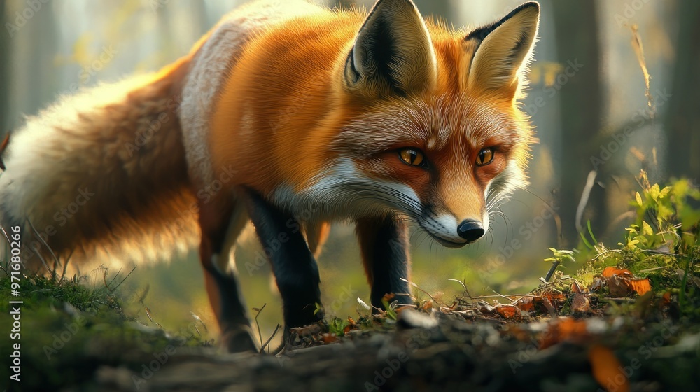 Fototapeta premium A Red Fox Stalking Through an Autumn Forest