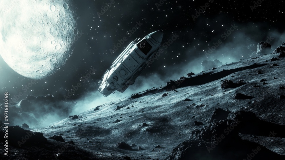 Fototapeta premium Abandoned spacecraft rests quietly on the Moon's surface under a starry sky