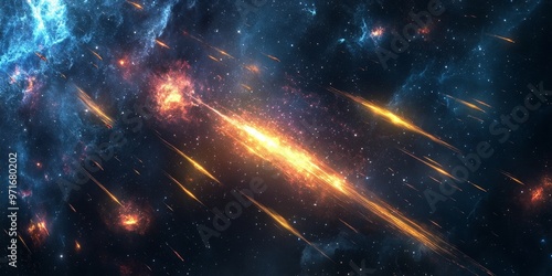 Vibrant meteor shower illuminates deep space with colorful trails and distant galaxies