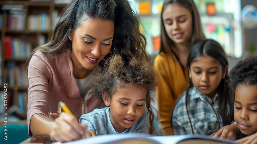 Teacher helping students with homework Teacher helping students with homework