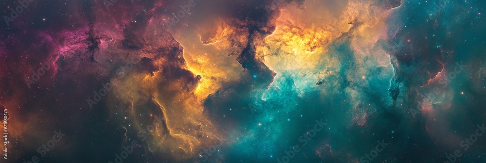 Obraz premium Vibrant abstract nebula in space showcasing teal, magenta, and gold with dynamic movement