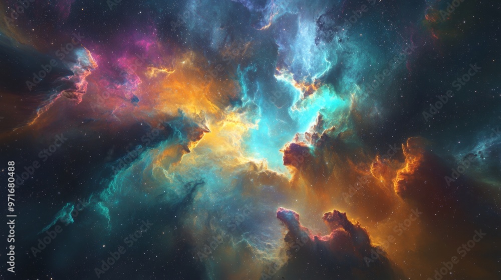 Fototapeta premium Vibrant abstract nebula displaying dynamic movement in teal, magenta, and gold hues