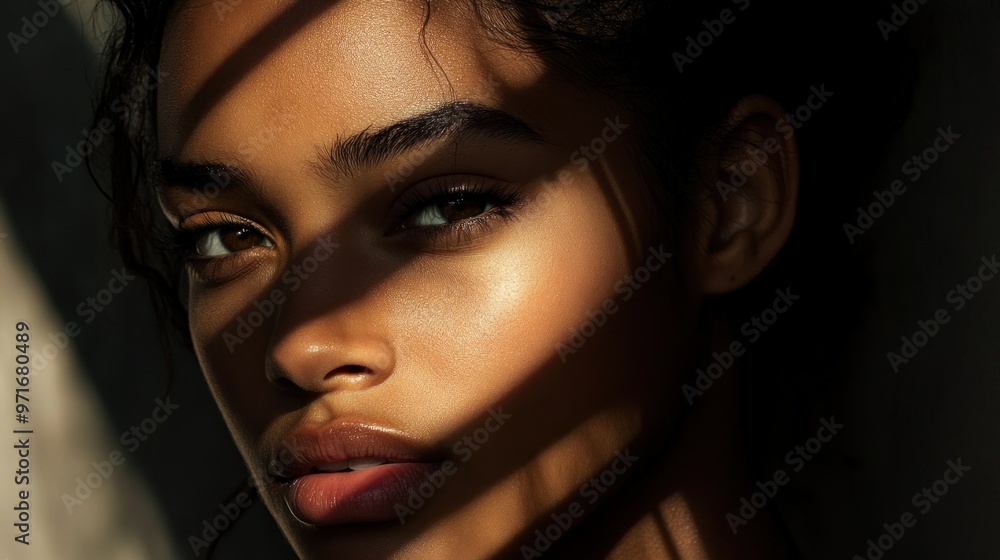 Close-up Portrait of a Woman's Face with Sunlight and Shadows Close-up Portrait of a Woman's Face with Sunlight and Shadows