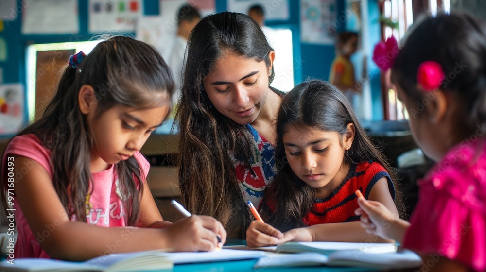 Teacher helping students with homework. Teacher helping students with homework.