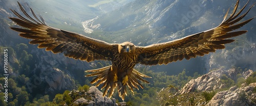 Golden eagle soars over rocky mountain landscape with outstretched wings. photo