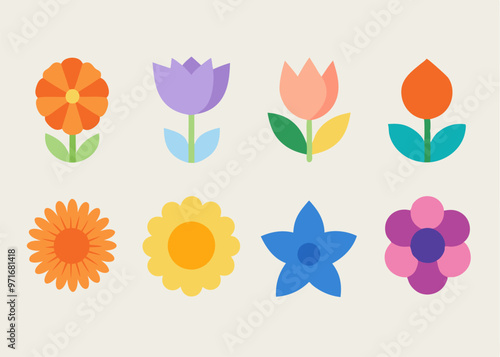 A set of eight colorful flower icons, perfect for adding a touch of spring to your designs. These cheerful and simple illustrations are ideal for websites, social media.