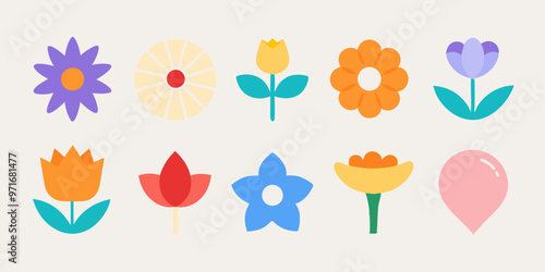 A set of 10 colorful, flat-style flower icons, perfect for adding a touch of spring to your designs. These simple yet delightful illustrations are ideal for web projects, mobile apps.