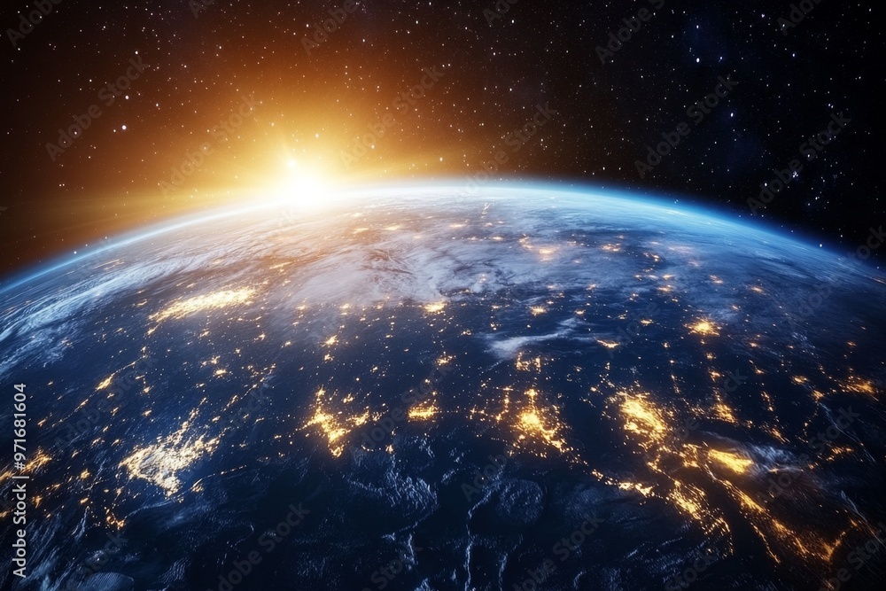 Fototapeta premium Stunning Earth view from space at night showcasing city lights and aurora borealis