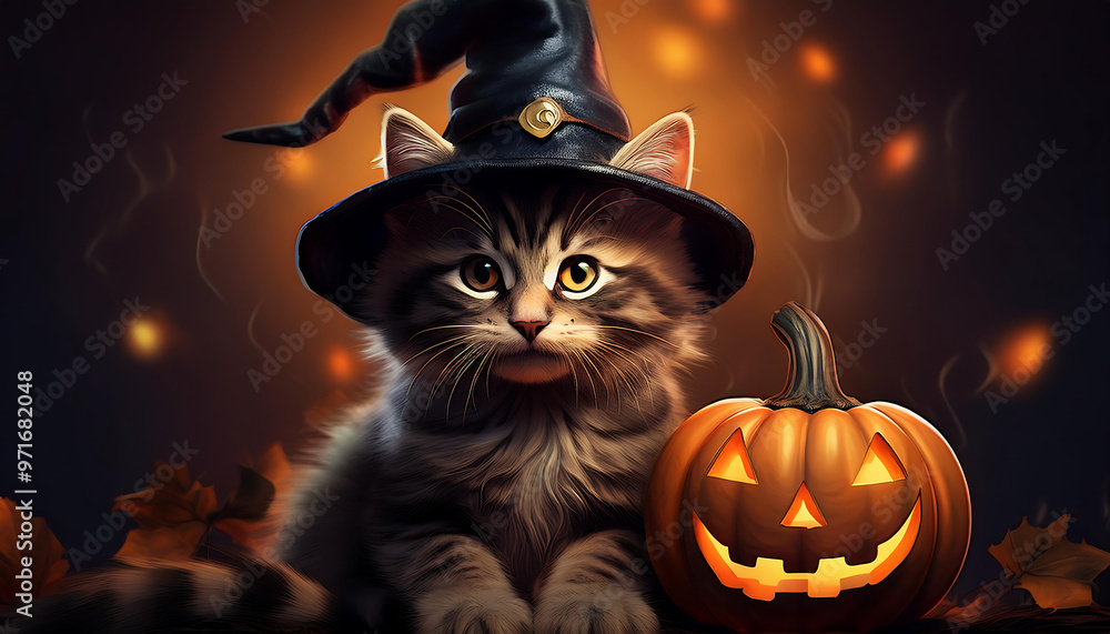Fototapeta premium Cute cat wearing a witch hat posed with a jack-o'-lantern, perfect for Halloween imager_1(211)
