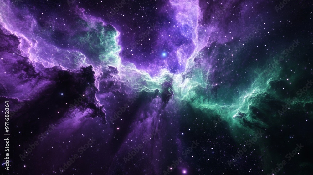 Obraz premium Vibrant violet and emerald green nebula amidst a vast star field with a bright supernova backdrop
