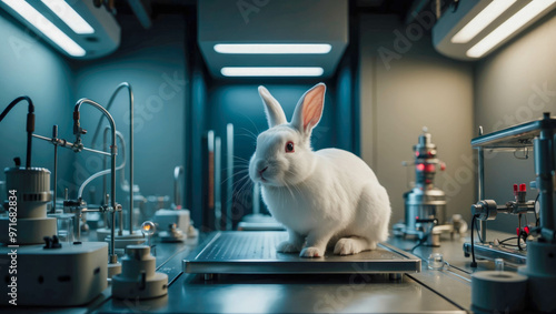 White rabbit in a futuristic lab environment, surrounded by advanced scientific equipment