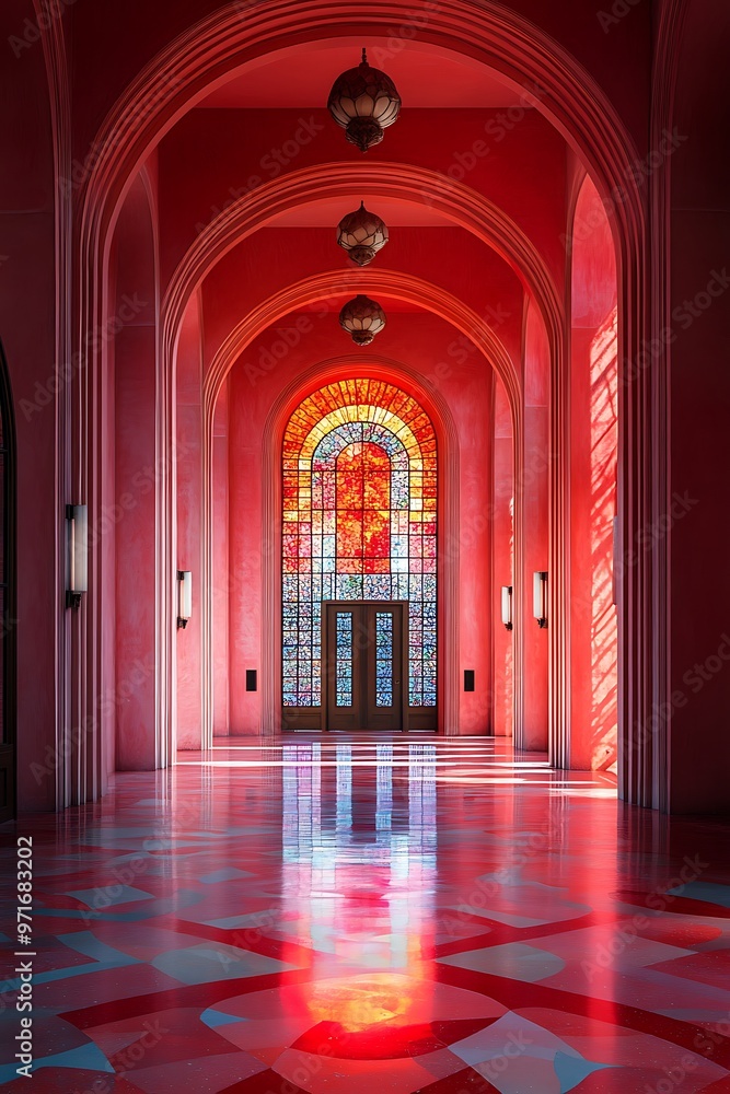 Fototapeta premium A pink hallway with stained glass windows and arched doorways.