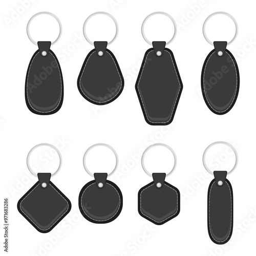 Vector leather holder trinket, keychain for key. Metal ring. Label of black fob for car or office. Keyring isolated on white background. Blank accessory for home. Corporate identity for brand.