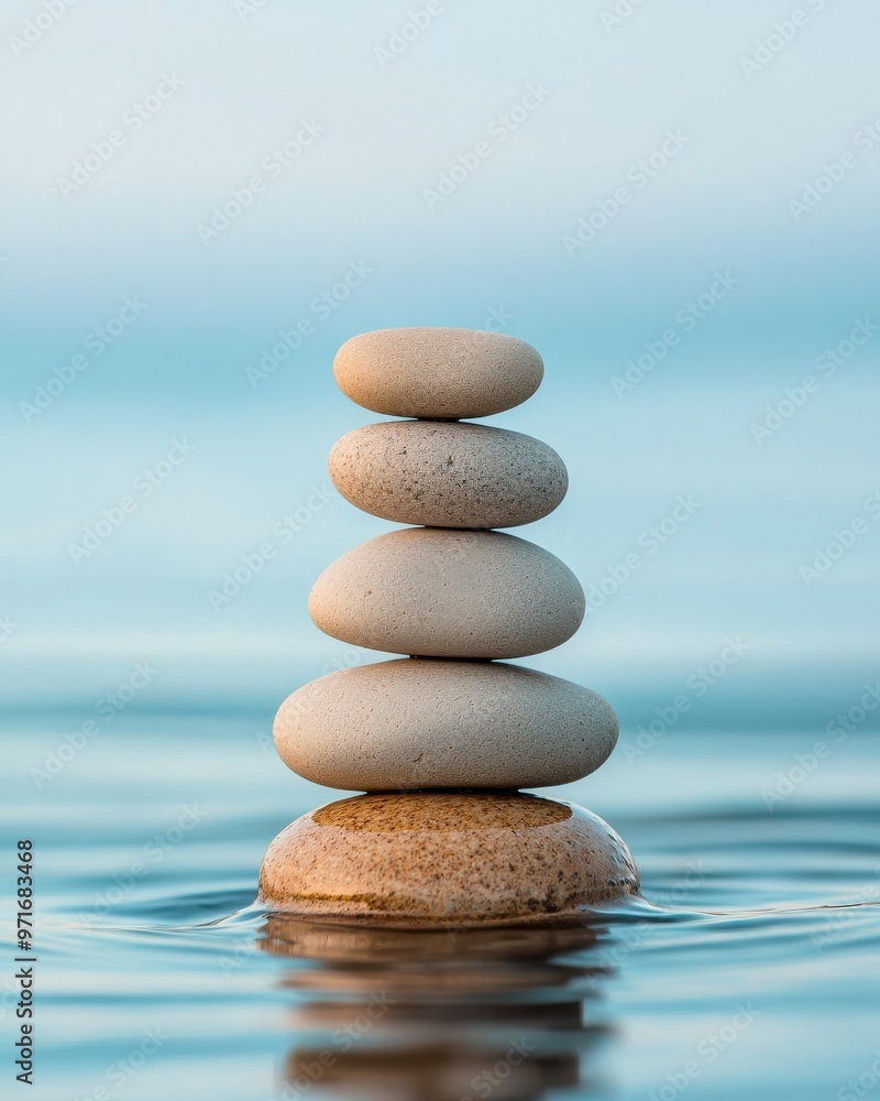 A serene stack of smooth stones balanced gracefully in calm water, symbolizing tranquility and mindfulness. A serene stack of smooth stones balanced gracefully in calm water, symbolizing tranquility and mindfulness.